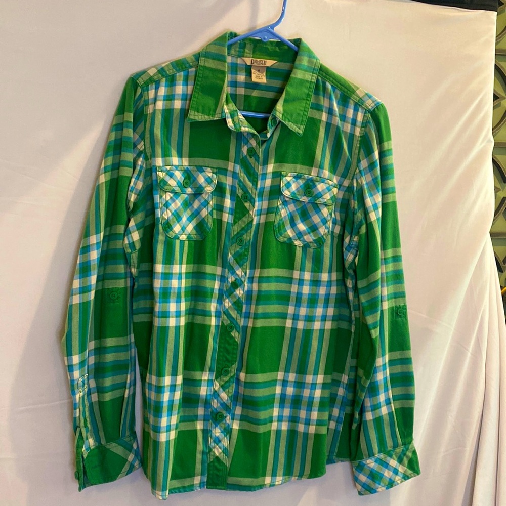 Women’s Duluth Trading Green White Blue Plaid Button Up Shirt Medium
